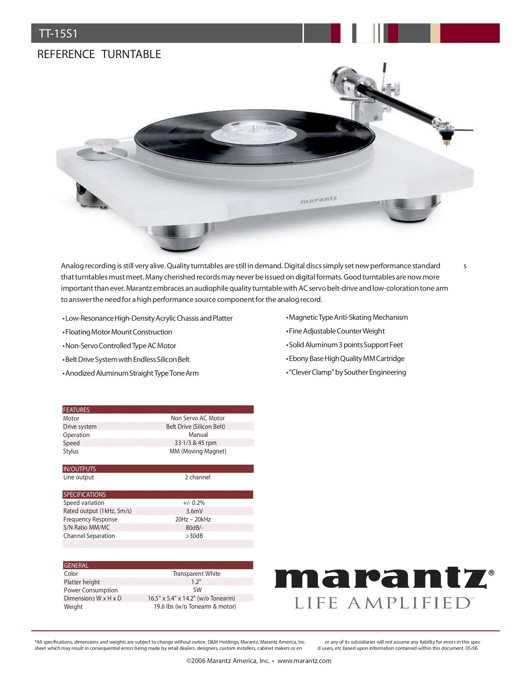 Marantz TT-15S1 Turntable - Belt Drive Turntable with Clearaudio Virtuoso Cartridge